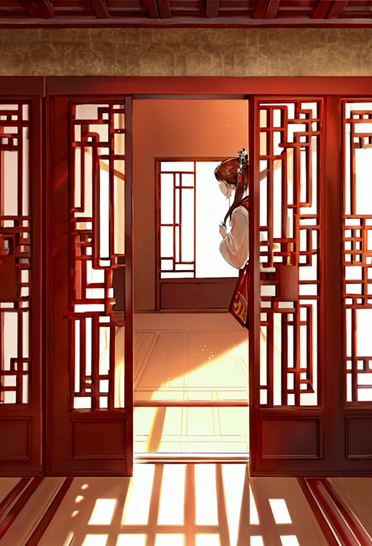 (((Open doors)))Open doors,A big door,Indoor view,Ancient Chinese palaces,In an ancient Chinese palace,The palace is empty,Indoor view,Very high,The gate is huge,The door is brown,Heads-up view,Magnificent palace,The door is six meters high,((There is no styling on the door)),((Glass doors without molding))
