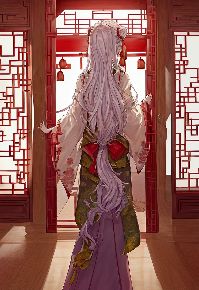 (((Open doors)))Open doors,A big door,Indoor view,Ancient Chinese palaces,In an ancient Chinese palace,The palace is empty,Indoor view,Very high,The gate is huge,The door is brown,Heads-up view,Magnificent palace,The door is six meters high,((There is no styling on the door)),((Glass doors without molding))