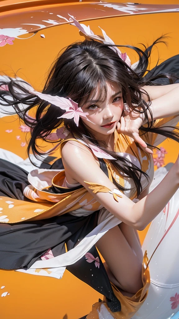 Light black hair, pink eyes, pink and white, sakura leafs, vivid colors, white dress, paint splash, simple background, ray tracing, wavy hair
