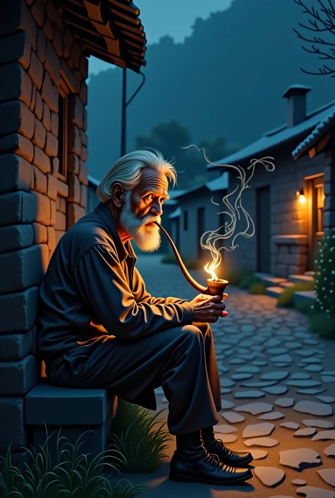 Single old man smoking smok round round something telling me in village in night