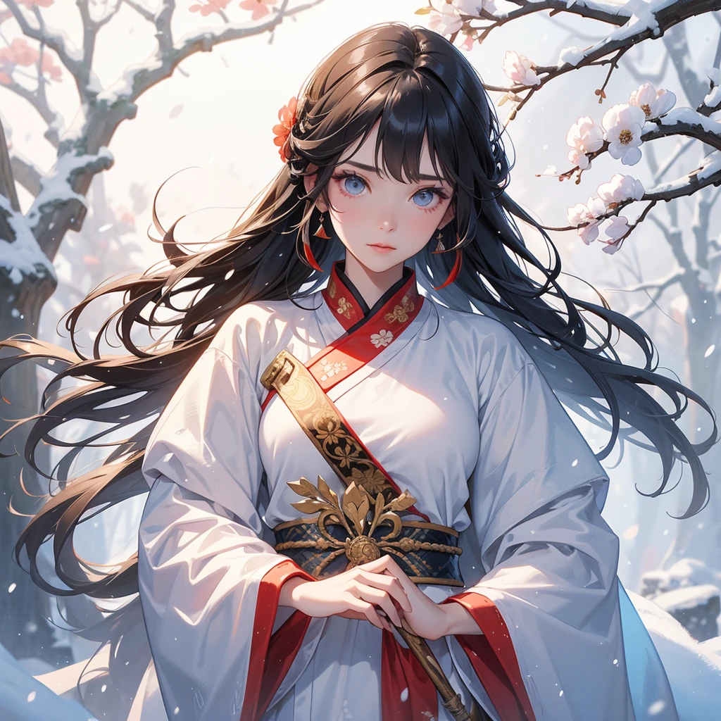 A beautiful female general holding a big spear in an ancient Chinese general costume, Walking with a woven basket full of flowers, in the middle of a snowstorm, white snow is falling, The sun shines and the sun rises, close up, The trees are covered in white snow, The snow is falling, close up.