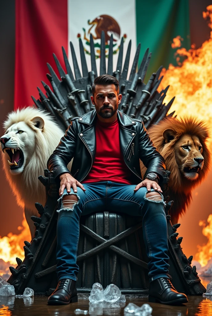 Create a man in his 30s wearing ripped jeans , red polo shirt and black leather jacket sitting on the iron throne black boots , Next to him there are two lions, one white and one brown, roaring, and two flags on either side of Mexico. ,On the left side a dragon spitting fire and on the right side a dragon spitting lightning. You can see the text "OMEY" There are melted ice cubes with water on the floor. Everything is well detailed, Luxury premiere style. camera shot10k