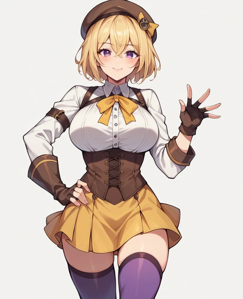 1girl, solo, breasts, looking at viewer, blush, smile, short hair, bangs, skirt, blonde hair, large breasts, simple background, shirt, thighhighs, gloves, long sleeves, hat, white background, ribbon, hair between eyes, closed mouth, purple eyes, white shirt, boots, black gloves, fingerless gloves, zettai ryouiki, hand on hip, cosplay, neck ribbon, beret, brown footwear, corset, brown gloves, yellow ribbon, brown headwear, purple thighhighs, yellow skirt
