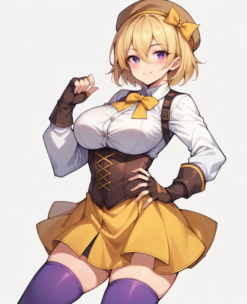 1girl, solo, breasts, looking at viewer, blush, smile, short hair, bangs, skirt, blonde hair, large breasts, simple background, shirt, thighhighs, gloves, long sleeves, hat, white background, ribbon, hair between eyes, closed mouth, purple eyes, white shirt, boots, black gloves, fingerless gloves, zettai ryouiki, hand on hip, cosplay, neck ribbon, beret, brown footwear, corset, brown gloves, yellow ribbon, brown headwear, purple thighhighs, yellow skirt