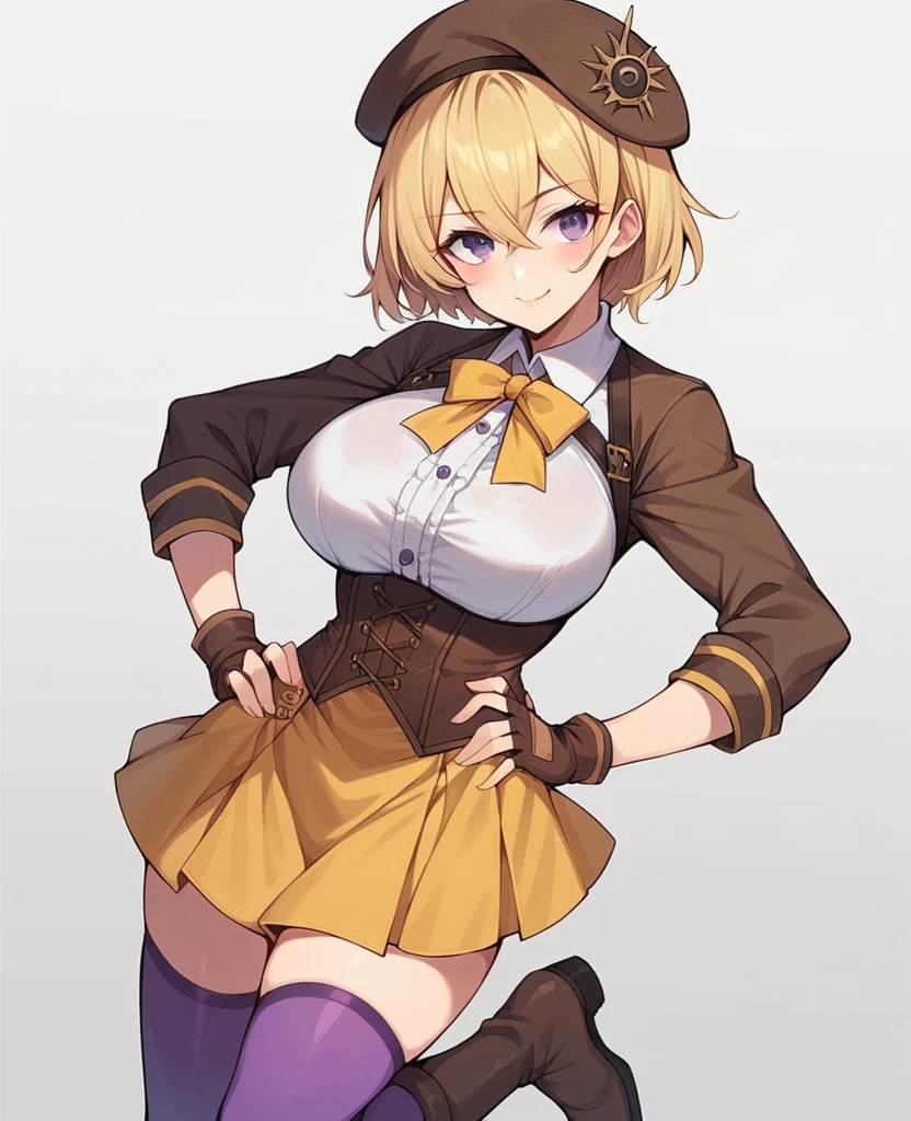 1girl, solo, breasts, looking at viewer, blush, smile, short hair, bangs, skirt, blonde hair, large breasts, simple background, shirt, thighhighs, gloves, long sleeves, hat, white background, ribbon, hair between eyes, closed mouth, purple eyes, white shirt, boots, black gloves, fingerless gloves, zettai ryouiki, hand on hip, cosplay, neck ribbon, beret, brown footwear, corset, brown gloves, yellow ribbon, brown headwear, purple thighhighs, yellow skirt
