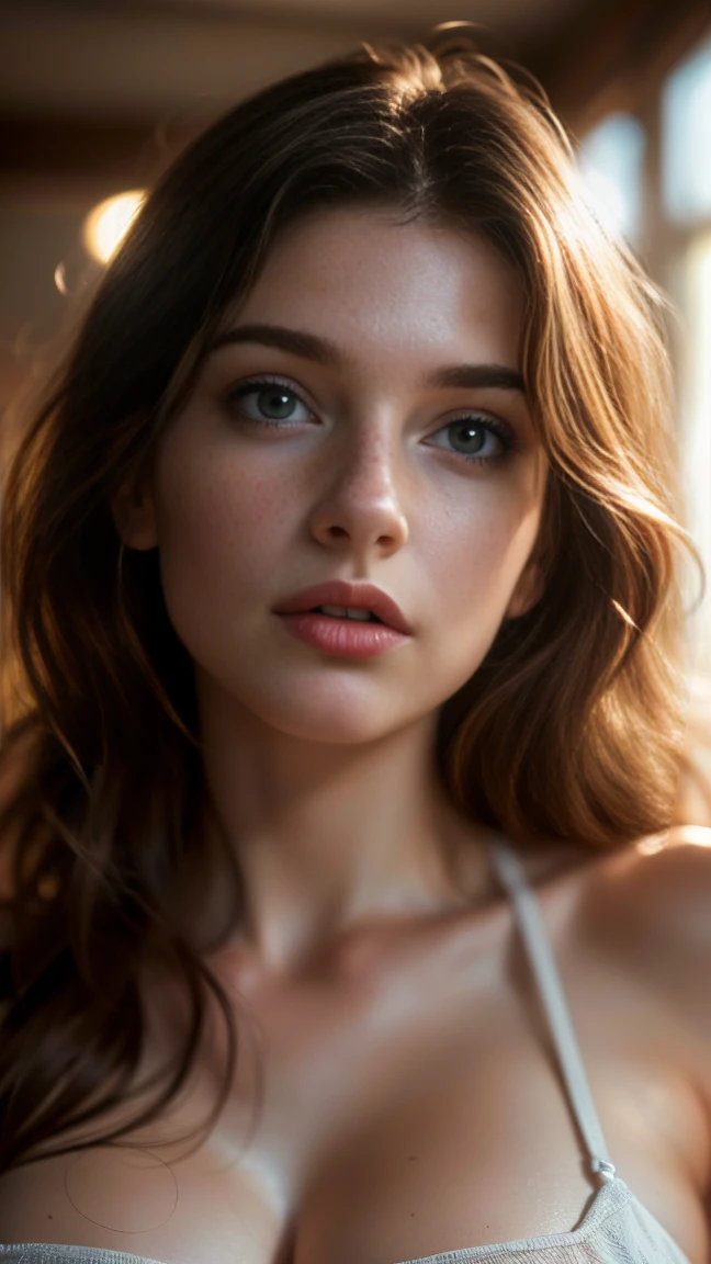 (((ultra realistic))) Photo, masterpiece, top quality, (pale skin), (Ultra detailed face and eyes:1.3), 1 girl, Adult, in a T-shirt, (Eye makeup, mascara) , ((large detailed lips)), ((ash wavy hair)), ((Chyolka)) , (Natural breasts), Slim waist. ((Posing)), photoshoot, studio (soft lighting), (The play of light and shadows), depth of field, bokeh, (special attention to skin detail: 1.2), Detailed leather texture, skin pores. (Airy atmosphere of the frame. Color range - delicate, Bright, white, Pink tones), UDR, ((Film grain)), ((rays)), ((glare of the sun)), ((waist up portrait, close to the camera)) , ultra detialed,