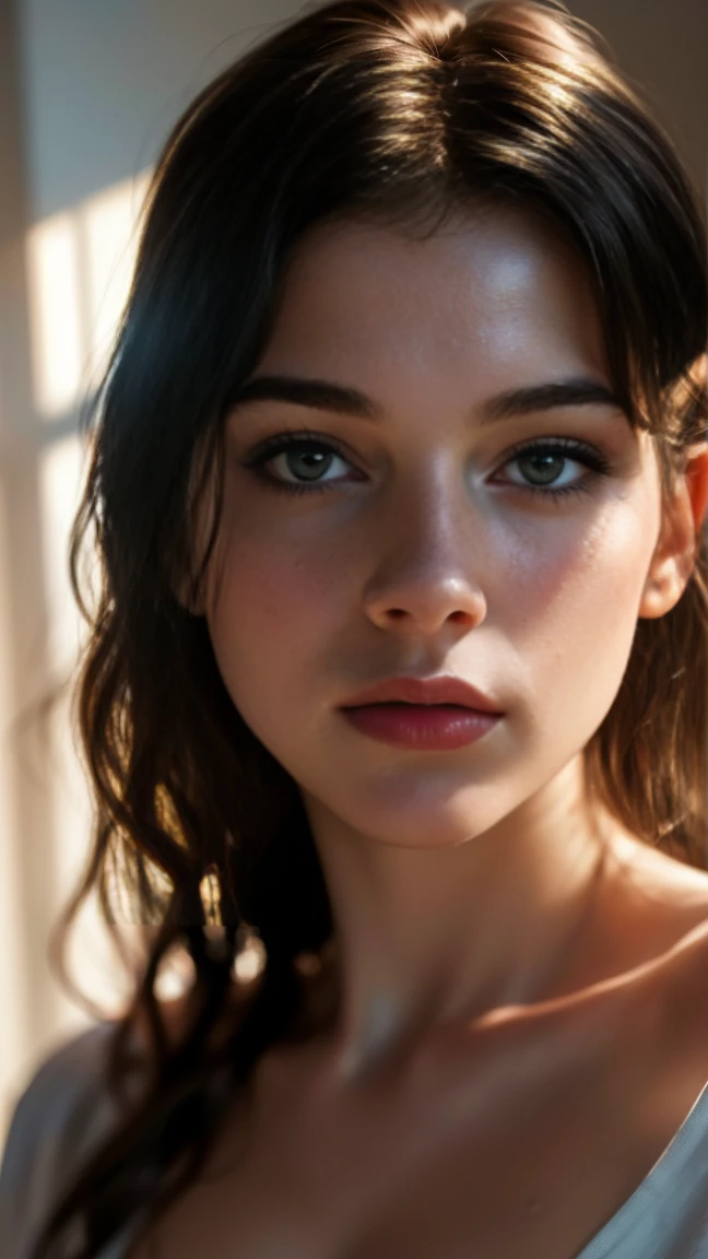 (((ultra realistic))) Photo, masterpiece, top quality, (pale skin), (Ultra detailed face and eyes:1.3), 1 girl, Adult, in a T-shirt, (Eye makeup, mascara) , ((large detailed lips)), ((ash wavy hair)), ((Chyolka)) , (Natural breasts), Slim waist. ((Posing)), photoshoot, studio (soft lighting), (The play of light and shadows), depth of field, bokeh, (special attention to skin detail: 1.2), Detailed leather texture, skin pores. (Airy atmosphere of the frame. Color range - delicate, Bright, white, Pink tones), UDR, ((Film grain)), ((rays)), ((glare of the sun)), ((waist up portrait, close to the camera)) , ultra detialed, 
