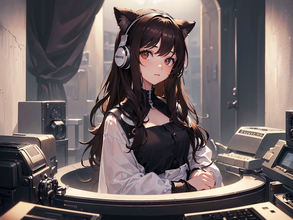 masterpiece、high resolution 8k、NSFW、sharp focus、contrast lighting、A woman with long black hair sits at a record turntable, resting her chin on her hand. She wears large headphones around her neck. Her gaze is focused and contemplative. Behind her, a black cat is perched on a couch, looking towards her. The room has a cozy atmosphere, with a green potted plant in the background.