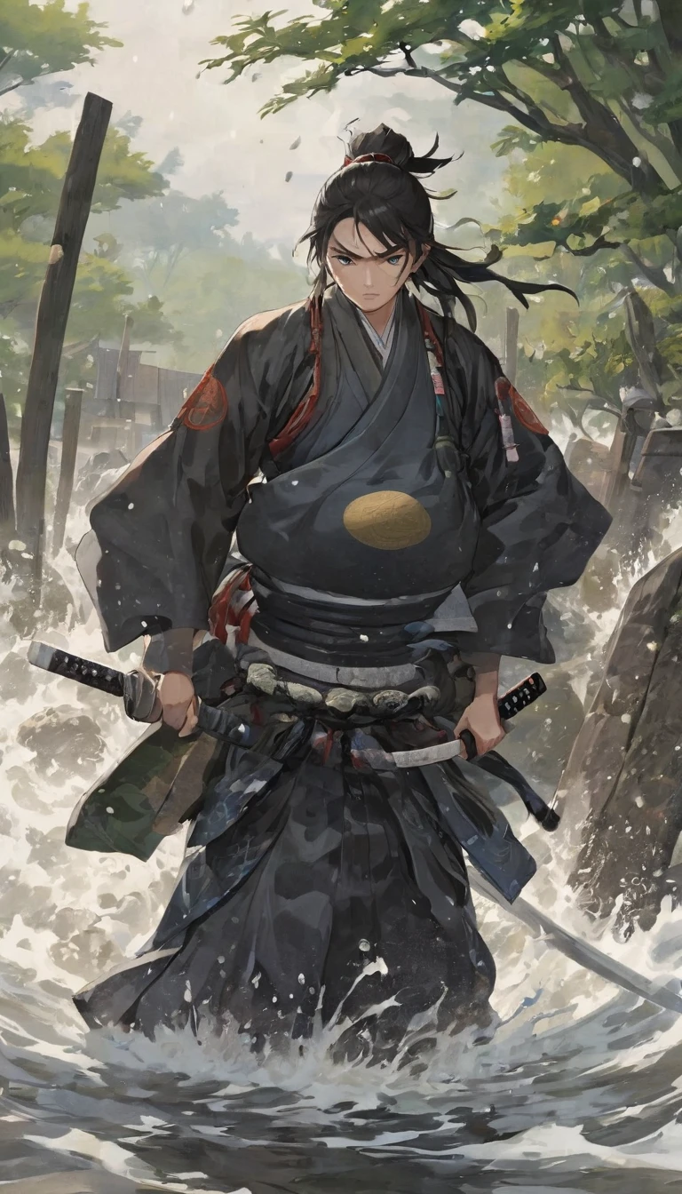 Floodwaters breaking through barriers, samurai standing in disbelief, the chaos of the scene contrasted with the earlier calm, nature’s power in full display.