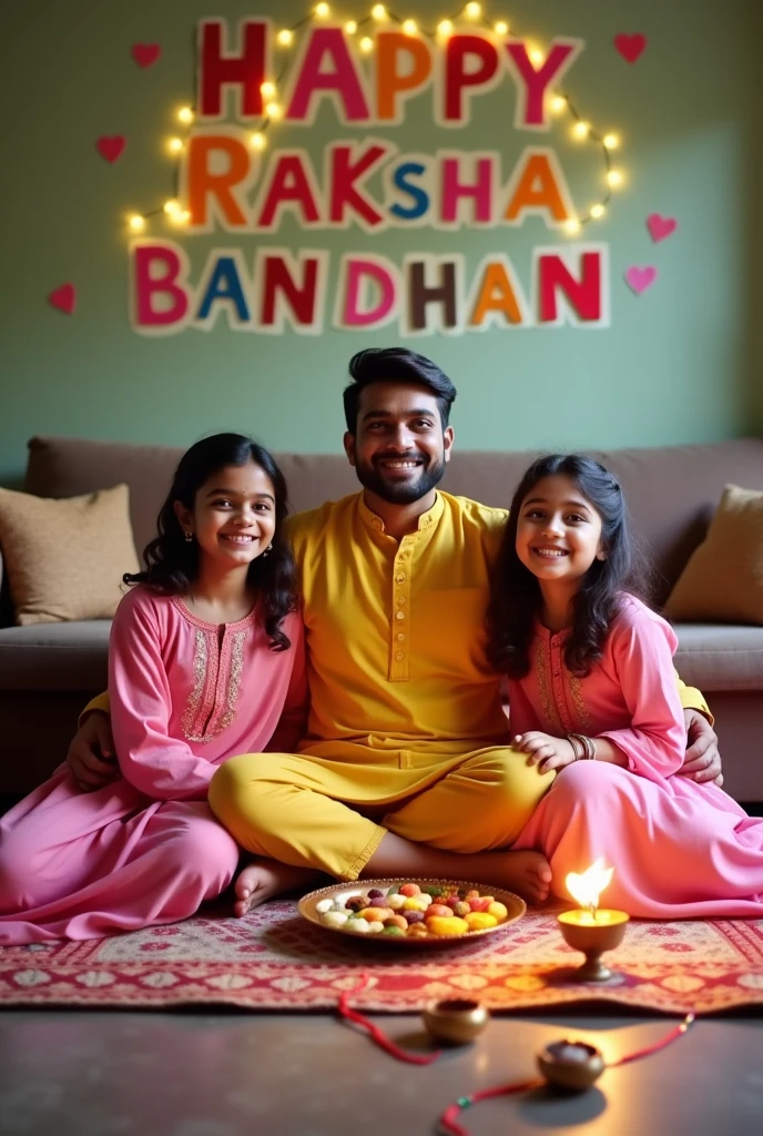 Two young sisters, ages 20 and 22, are celebrating Raksha Bandhan with their 25-year-old brother. The girls wear matching pink salwar kameez outfits, while the boy is in a yellow kurta. They're sitting cross-legged on a patterned rug in their living room. A plate with rakhis, sweets, and a small diya lamp is in front of them. On the wall behind them, "HAPPY RAKSHA BANDHAN" is painted in colorful letters, with "Archna, chooti & Shubham
 " written underneath. 4k image, warm indoor lights.
