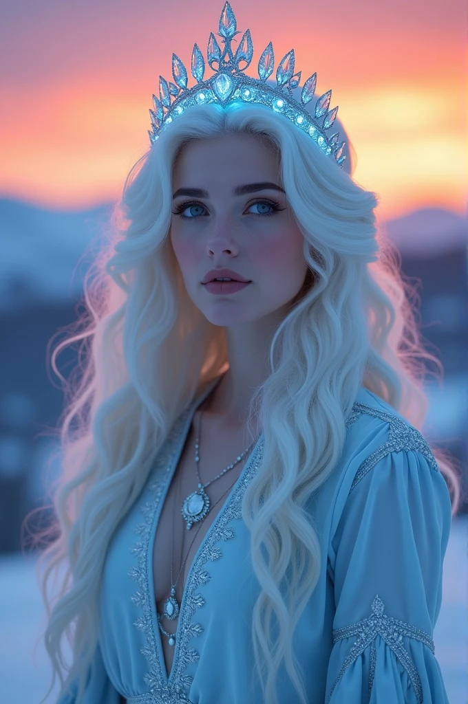 Lady with icy blue luminescent skin, eyes the color of dawn, hair a glowing and flowing white, wearing a crown made of ice, with a wintry sunset background