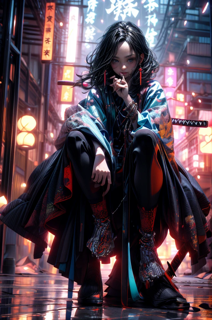 (Masterpiece: 1.2), highest quality, CG, 3D, samurai girl, samurai girl, weapon, holding a sword, solo, holding, black hair, holding a weapon, forehead, bug, sword holding, butterfly, girl 1 person, long sleeves, shining, reflective floor, katana, outdoor, facing viewer, long hair, reflective, sitting, full body, wide sleeve, jewelry, sheath, one knee, beads