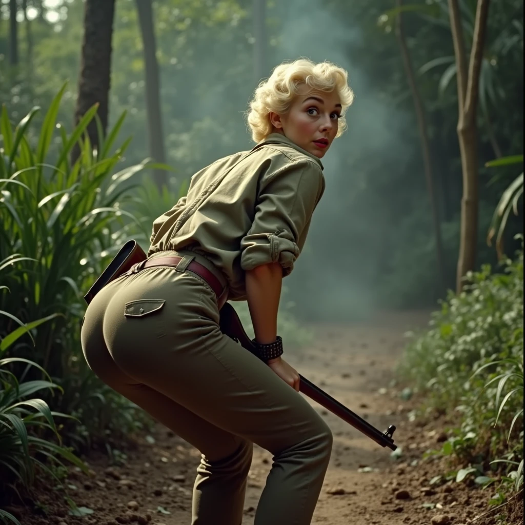 bent over , Big butt , is 1940 , We see the girl from behind, she looks at the viewer, ,  hilarious cinematic scene of a young, talented actress resembling Doris Day, dressed as a poacher in the heart of the jungle. She is bent over, wearing long pants and a hunter's shirt, and holding a rifle. The edges of a big hole in  her pants in butt área  have charred marks, and there's a significant amount of smoke emanating from her backside. Her platinum blonde hair is short and sleek, and she appears to be around 30 years old. In a sudden moment of slapstick comedy, the actress screams in pain, her eyes and mouth wide open, revealing a massive hole in her pants from a shotgun accident. The scene is captured in stunning 4K high definition, with the jungle as a backdrop, and a comedic tone throughout., cinematic