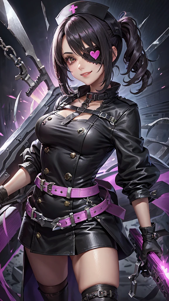 A beautiful girl wearing a black high-necked punk nurse outfit（）A person with short purple-highlighted black hair, wearing an eyepatch with a heart on it, holding a small chainsaw and smiling.