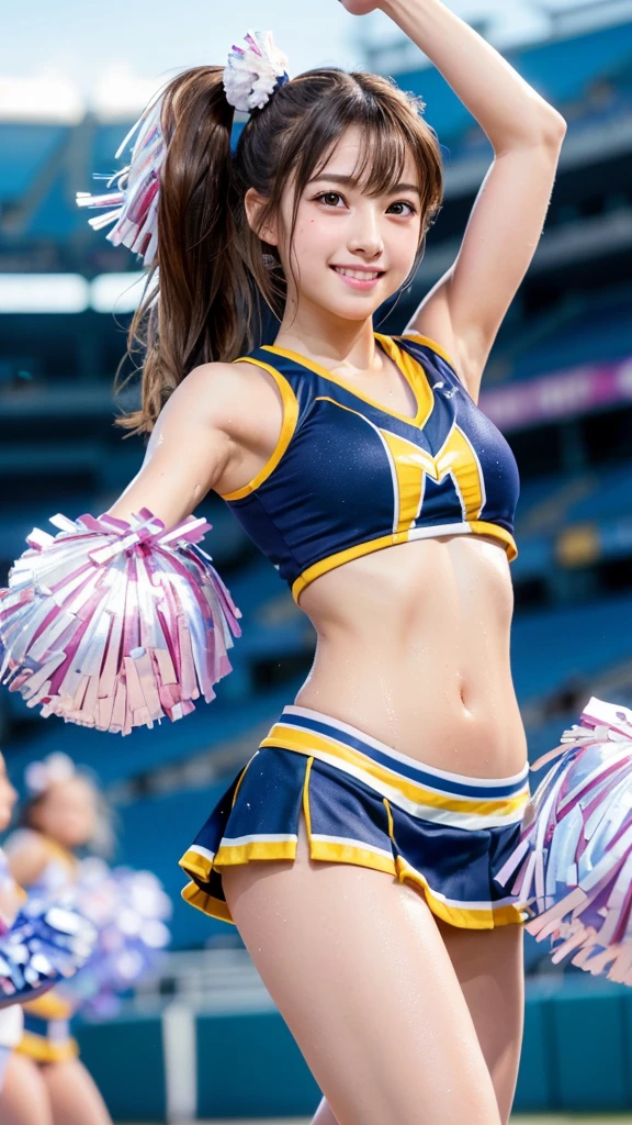 Product quality,1 girl,Cheerleader,Cowboy Shot,Young and cute Japanese,((Stadium Background:1.2)),(Holding big pom-poms in both hands:1.5),smile, cheer leading,Cheerleaderuniform,Ultra Short Short Pleated Mini Skirt,Very cute face,Glossy Lips,Beautiful big eyes,Brown eyes,Double eyelids on both eyes,(Natural Makeup),shiny smooth light brown long hair,,Asymmetrical bangs,Floating Hair NovaFrog Style,Center image,8k resolution,Attention to detail,Detailed hairstyle,Detailed face,Cinema Lighting,Octane Rendering,Ultra-realistic,(Glowing Skin, Sweaty:1.3)Perfect limbs,Beautiful legs,Voluptuous thighs,Huge breasts,Perfect Anatomy,((cheer dance pose:1.5))