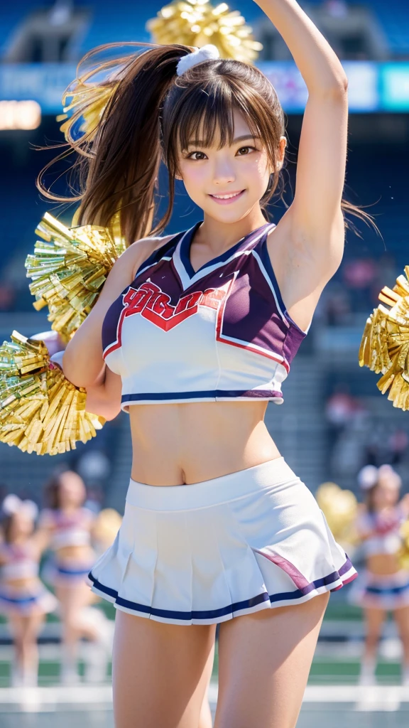 Product quality,1 girl,Cheerleader,Cowboy Shot,Young and cute Japanese,((Stadium Background:1.2)),(Holding big pom-poms in both hands:1.5),smile, cheer leading,Cheerleaderuniform,Ultra Short Short Pleated Mini Skirt,Very cute face,Glossy Lips,Beautiful big eyes,Brown eyes,Double eyelids on both eyes,(Natural Makeup),shiny smooth light brown long hair,,Asymmetrical bangs,Floating Hair NovaFrog Style,Center image,8k resolution,Attention to detail,Detailed hairstyle,Detailed face,Cinema Lighting,Octane Rendering,Ultra-realistic,(Glowing Skin, Sweaty:1.3)Perfect limbs,Beautiful legs,Voluptuous thighs,Huge breasts,Perfect Anatomy,((cheer dance pose:1.5))