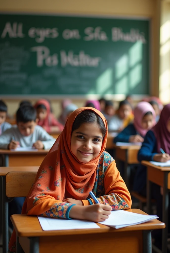 Beautiful muslim girl sitting in exam hall text written "All eyes on Sifa Bhabhi "