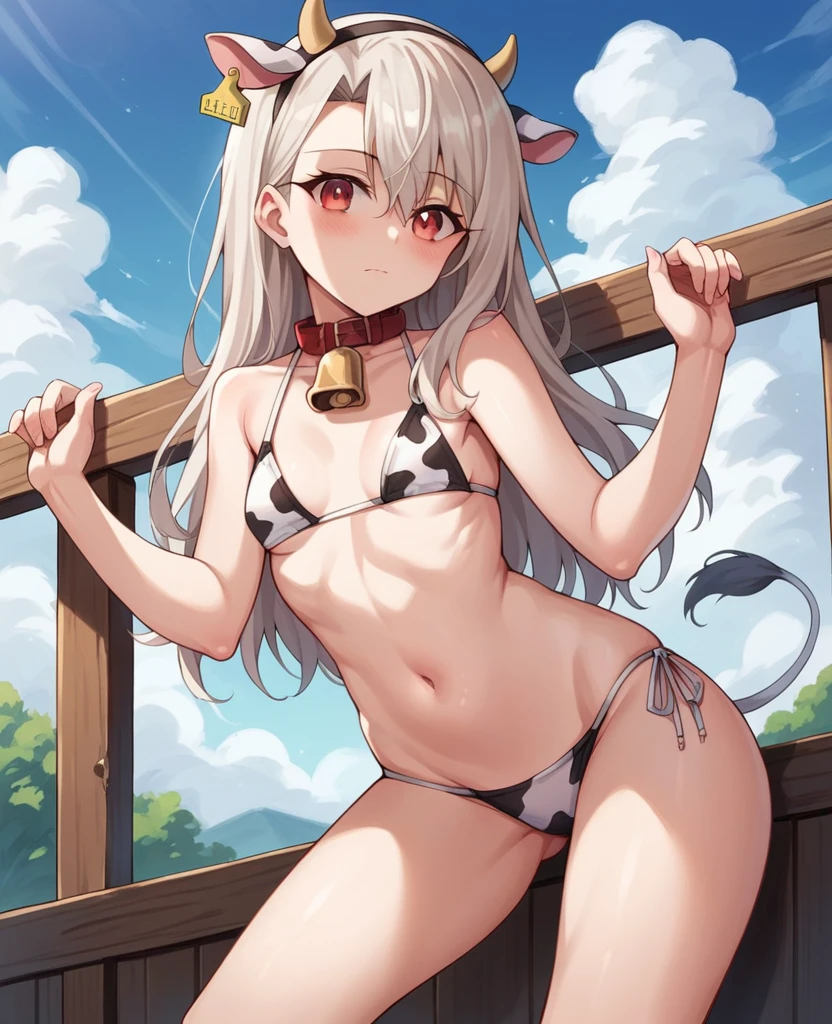 illyasviel von einzbern, 1girl, solo, long hair, breasts, looking at viewer, blush, bangs, red eyes, navel, animal ears, hair between eyes, bare shoulders, closed mouth, collarbone, swimsuit, white hair, bikini, thighs, small breasts, outdoors, horns, sky, day, collar, blue sky, , bell, fake animal ears, animal print, neck bell, cow print, cow ears, cow horns, ear tag
