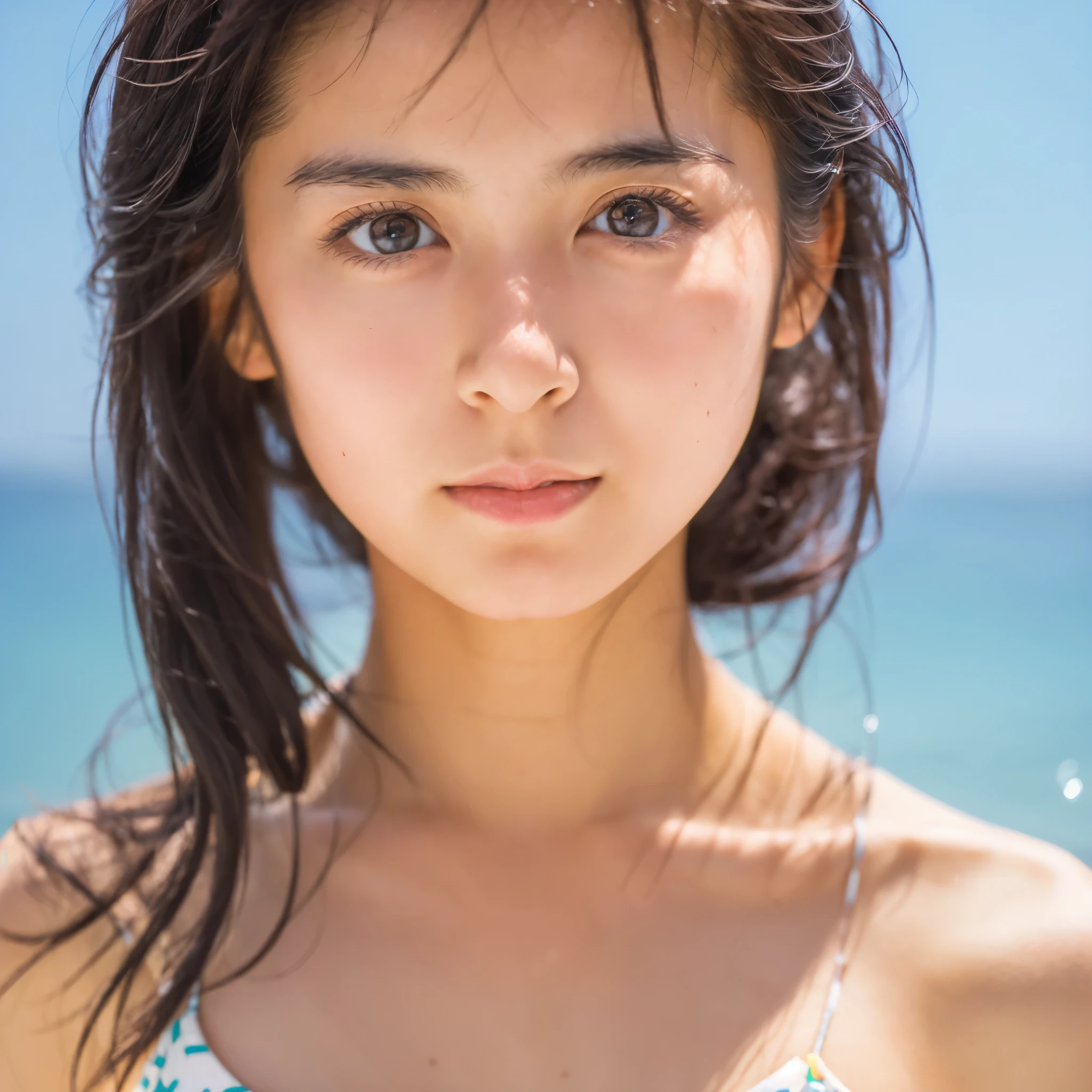 8k, highest quality, masterpiece, super high resolution, (realistic:1.4), RAW Photos, (Film Grain:1.3), One Girl, portrait of a skinny Japanese woman, 30 years old, standing on the beach, a cute face, detailed face, detailed eyes, {short|long} hair, correct body anatomy, wearing a bikini, photogravure
