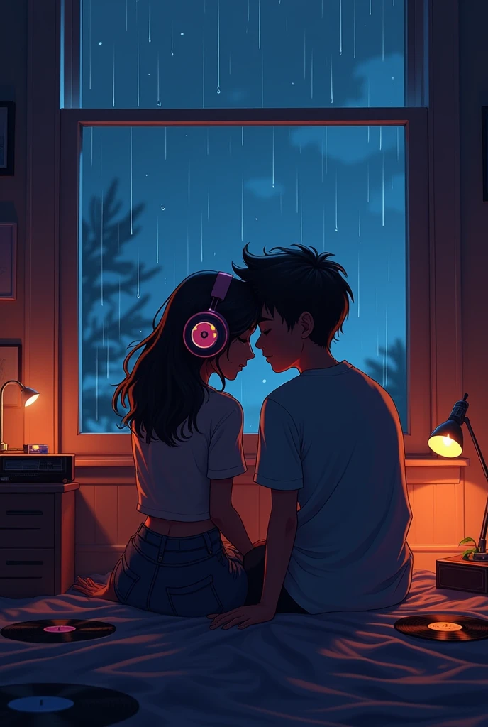 Perfect image, 8k, night、rain、Listen to music in a cozy room, Using headphones, 2D-style animation, Lo-Fi, hard disk, Dark Environment, Hugging your boyfriend,