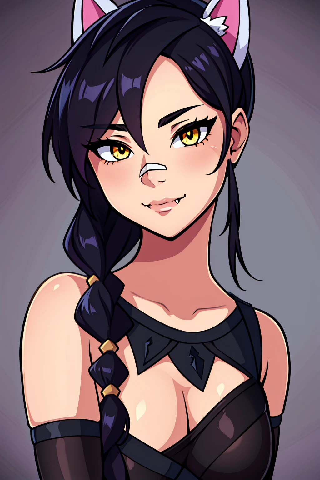 Erisa, 1girl, solo, long hair, looking at viewer, black hair, bandaid on face, yellow eyes, animal ears, smile, bandaid on nose, braid, cat ears, bandaid, bangs, breasts, fake animal ears, simple background, fang, bare shoulders, scar, bare shoulders, closed mouth, hair over one eye, portrait, hair over shoulder, legs, seductive, black lingerie, lingerie, 2 piece lingerie, bedroom, realistic, highly detailed face, detailed eyes, best quality, masterpiece, ultra detail, ultra high res, extreme detail, 8k, uhd, curvy, looking at viewer, facing forward