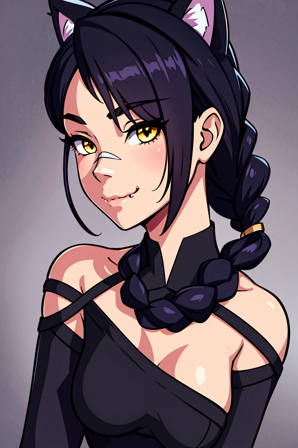 Erisa, 1girl, solo, long hair, looking at viewer, black hair, bandaid on face, yellow eyes, animal ears, smile, bandaid on nose, braid, cat ears, bandaid, bangs, breasts, fake animal ears, simple background, fang, bare shoulders, scar, bare shoulders, closed mouth, hair over one eye, portrait, hair over shoulder, legs, seductive, black lingerie, lingerie, 2 piece lingerie, bedroom, realistic, highly detailed face, detailed eyes, best quality, masterpiece, ultra detail, ultra high res, extreme detail, 8k, uhd, curvy, looking at viewer, facing forward