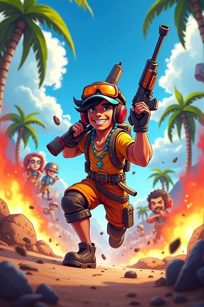 Make me a chaotic and animated cartoon about free fire for a profile picture
