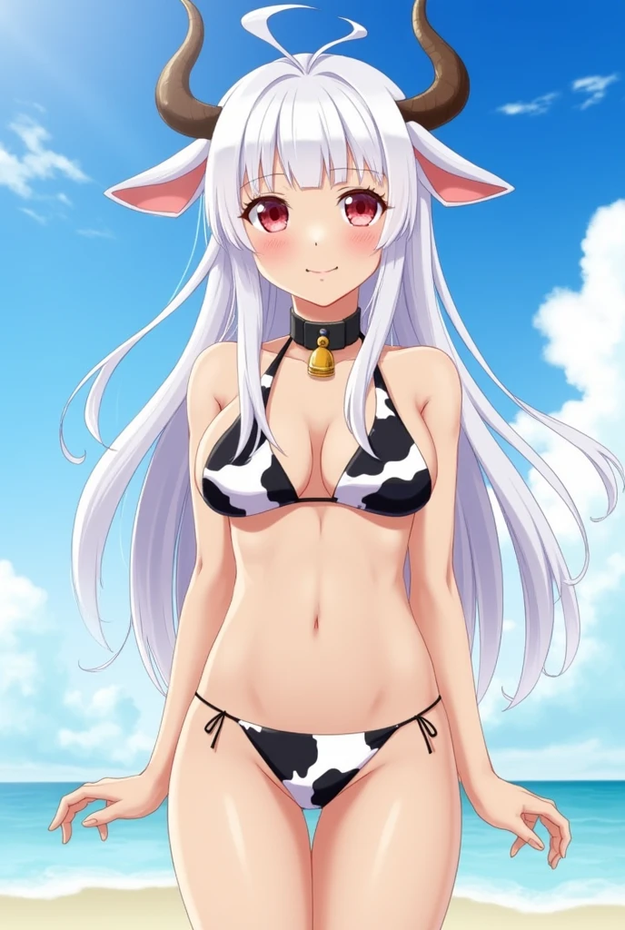 illyasviel von einzbern, 1girl, solo, long hair, breasts, looking at viewer, blush, bangs, red eyes, navel, animal ears, hair between eyes, bare shoulders, closed mouth, collarbone, swimsuit, white hair, bikini, thighs, small breasts, outdoors, horns, sky, day, collar, blue sky, , bell, fake animal ears, animal print, neck bell, cow print, cow ears, cow horns, ear tag