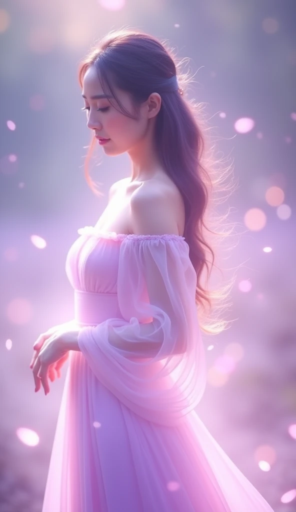 A warm, comfortable Korean woman with a soft, radiant lavender aura. Her body is translucent and gently beats with light, symbolizing deep bonds between individuals. The Korean woman has soft, understanding eyes that radiate compassion, and seems to extend slightly toward others as if she were reaching for support. With costumes like a gown that she gracefully shakes when moving, the woman's overall appearance is calm and charming.
