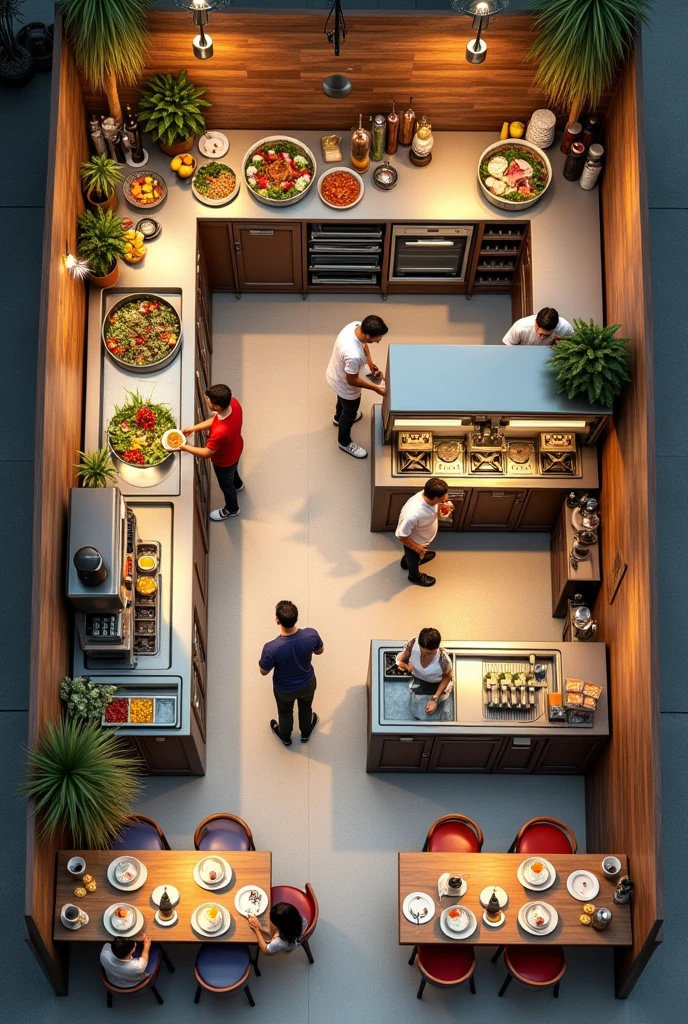 generate an image of a cafe kitchen layout including cold kitchen,hot kitchen, store, barista area and food exit area, that the plan is in perspective from above, and specify each area