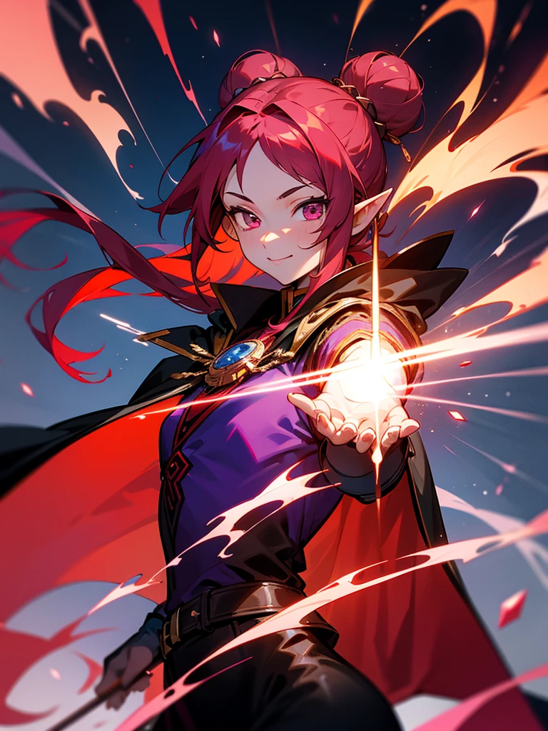 a girl,Elf,Magician,martial artist,15 years old,long red hair,long twintails,bun tou,Pink eyes,Chinese style,short and small,Bright smile,((Deep purple cloak)),Sleeveless high-necked top,black leggings,Magic gloves,flame,Elemental magic,((handsome pose)),Rendering,Super details,Upper Body,movie lighting effects,best picture