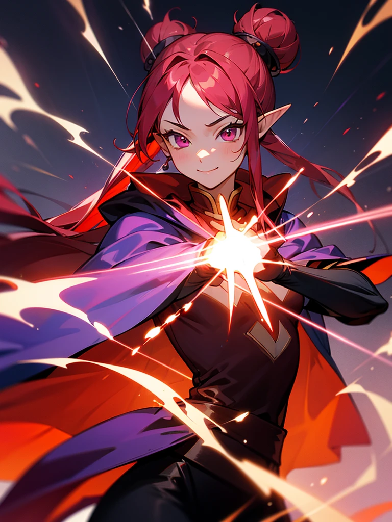 a girl,Elf,Magician,martial artist,,long red hair,long twintails,bun tou,Pink eyes,Chinese style,short and small,Bright smile,((Deep purple cloak)),Sleeveless high-necked top,black leggings,Magic gloves,flame,Elemental magic,((handsome pose)),Rendering,Super details,Upper Body,movie lighting effects,best picture