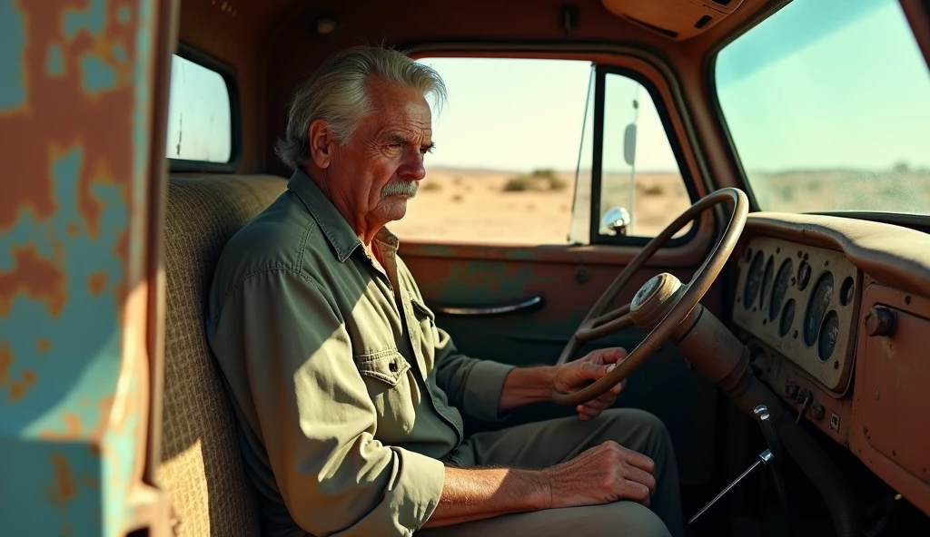 old driver angry sitting in old truck