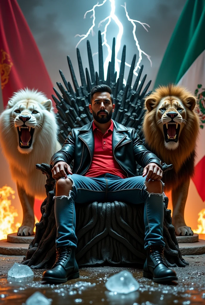 Create a man in his 30s wearing ripped jeans , red polo shirt and black leather jacket sitting on the iron throne black boots , Next to him there are two lions, one white and one brown, roaring, and two flags on either side of Mexico. ,On the left side a dragon spitting fire and on the right side a dragon spitting lightning. You can see the text "OMEY" There are melted ice cubes with water on the floor. Everything is well detailed, Luxury premiere style. camera shot10k