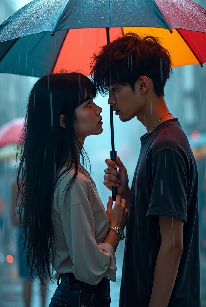a young women with long black hairs with bangs and blue eyes . A young male with short black hair and blue eyes holding umbrela. Both looking at each other standing at a mile. and background is rain heavy.