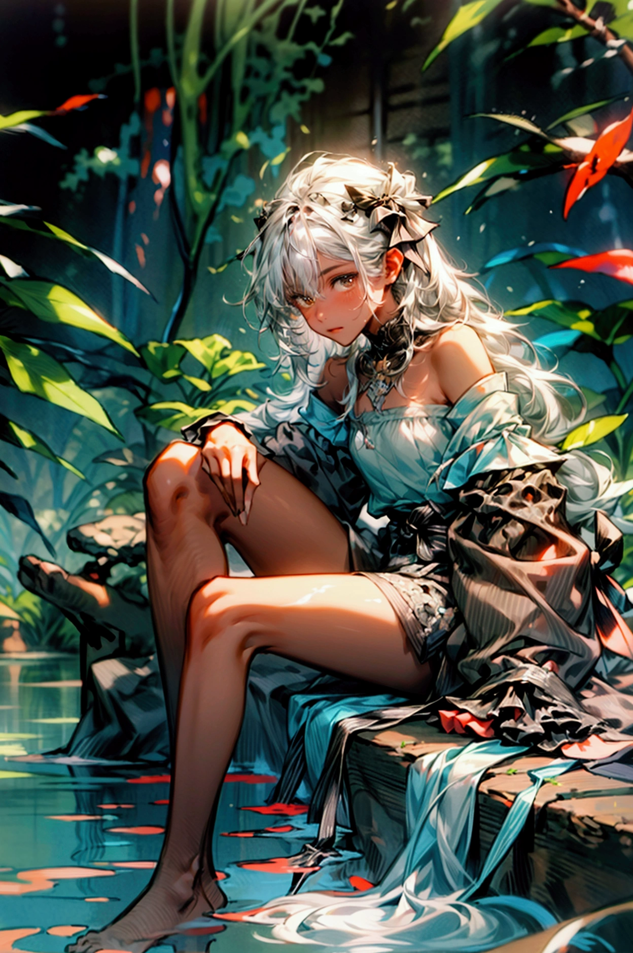 Full Moon, Leaf, Moon, Plant, Potted Plant, Bamboo, 1girl, Palm Tree, Butterfly, Bug, Water, Tanabata, Branch, Barefoot, Night, Water Lily, Short Bamboo, Soaked Feet, Vine, Solo, Outdoor, Tree, Sitting, Blue Hair, Long Hair, Microcurl, Wet, Flower, Smile, Ivy, Green Eyes, Dress, Valley Lily, Sky, hair_ornament, Bangs, blue_butterfly, bare_legs, looking_at_viewer ,long_sleeves,nail_polish,palm_leaf