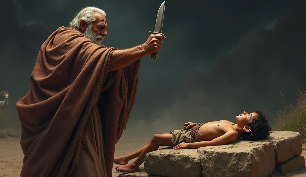 "Create a highly detailed digital artwork depicting the biblical scene of Abraham about to sacrifice his son Isaac. The setting is dramatic and filled with tension. Abraham, an elderly man with a serious expression, holds a knife raised above Isaac, who is lying on a stone altar with his hands bound. The environment is barren, with a dark sky that adds to the intense atmosphere. In the background, a subtle silhouette of a ram is visible, standing near a bush, symbolizing the divine intervention. The image should focus on the intricate details of the characters' clothing, the textures of the stone, and the emotional expressions, all rendered in a realistic, high-definition digital art style."