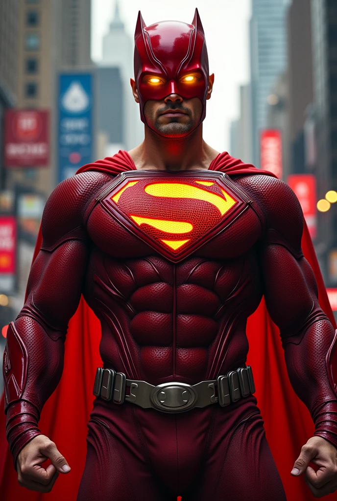a man wearing a red superhero costume,. Red helmet highly detailed, dynamic pose, high quality, photorealistic, intricate costume design. Detail costume. Honeycomb design, musculature, strong lighting,lizard hero cinematic angle, dramatic shadows, vibrant colors, comic book style. Circle logo on chest." C" logo on chest.. glowing eyes yellow.