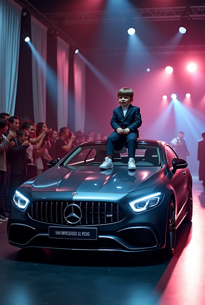 Mercedes car with cute kid in suit on top in full body realistic fashion show