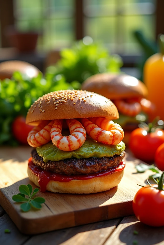 Burger with 150 grams of langoustine, guacamole and tomato sauce