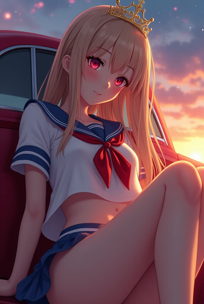 SFW, (Close up from ass to face) extremely detailed (Schoolgirl lying on the car) Legs open up, perfect face, (Princess Tiara), (Delicate clothing textures), Sailor uniform with red ribbon, (((transparent, skimpy panties))), correct anatomy, perfect hand (4 fingers and a thumb), Corrected fingers, Corrected line between leg and foot., ((Starry colored lights at sunset)), ((hidden arm) hidden feet), Ultra detailed 8K high quality masterpiece(ProfessionalPhoto:1.37)(Acutance:0.8), ((abundant pubic hair))