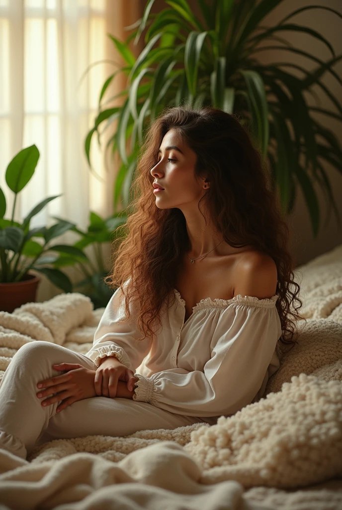 (photorealism:1.2), beautiful woman, sitting on bed, wearing loose off-shoulder top, pajama pants, long curly hair, indoors, soft lighting, plants in background, window with sunlight, cozy room, relaxed pose, realistic, intricate details, warm colors, by Greg Rutkowski, by Alphonse Mucha