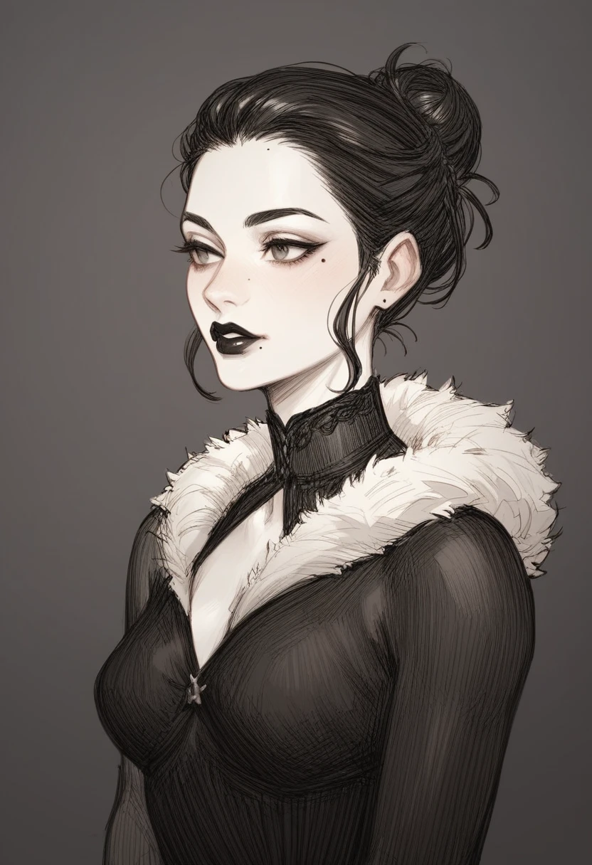 score_9, score_8_up, score_7_up, score_6_up BREAK, Etching, dark background, pencil sketch, 1girl,solo, slim, pale skin tone, beauty mark, dark lipstick, regal dressing, fur trimmed black dress, dark background, bun hairstyle,
