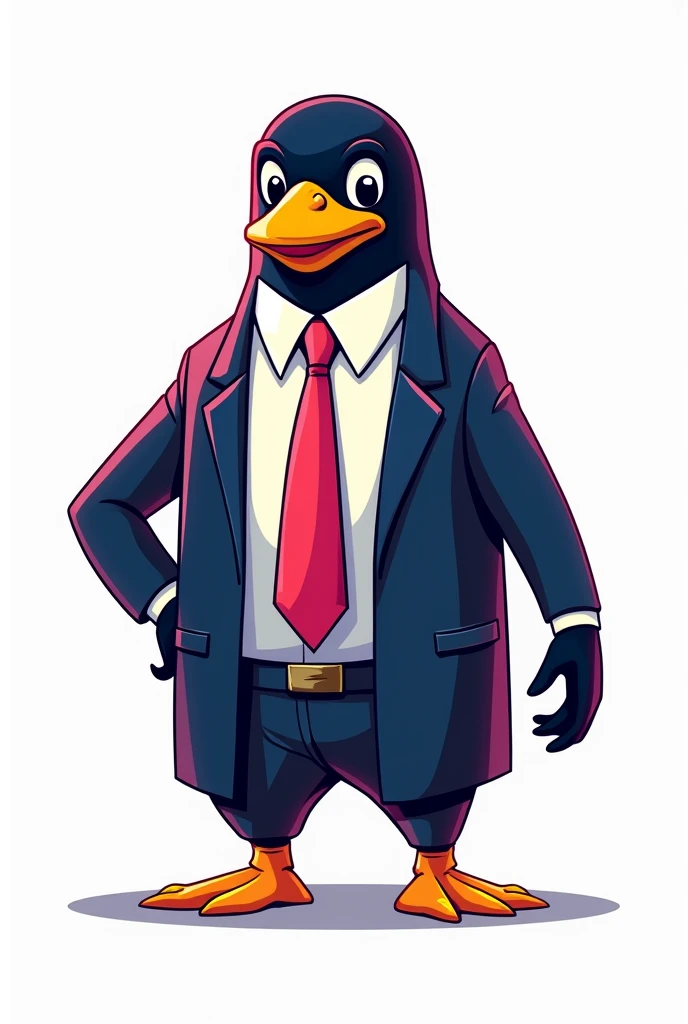 Linux mascot is wearing business suite bravest
human structure wearing business suite Linux mascot mid shot retro comic style neno colours white background 4k image human legs