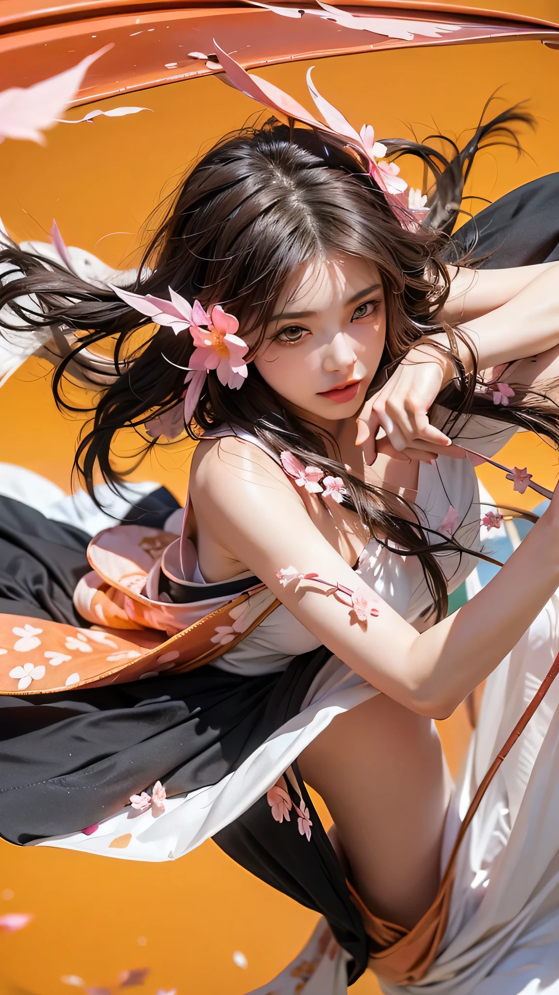Light black hair, pink eyes, pink and white, sakura leafs, vivid colors, white dress, paint splash, simple background, ray tracing, wavy hair