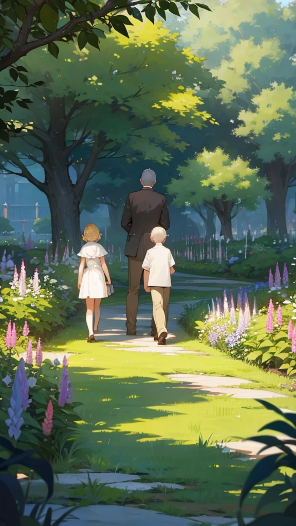 A garden with trees and a couple of adults