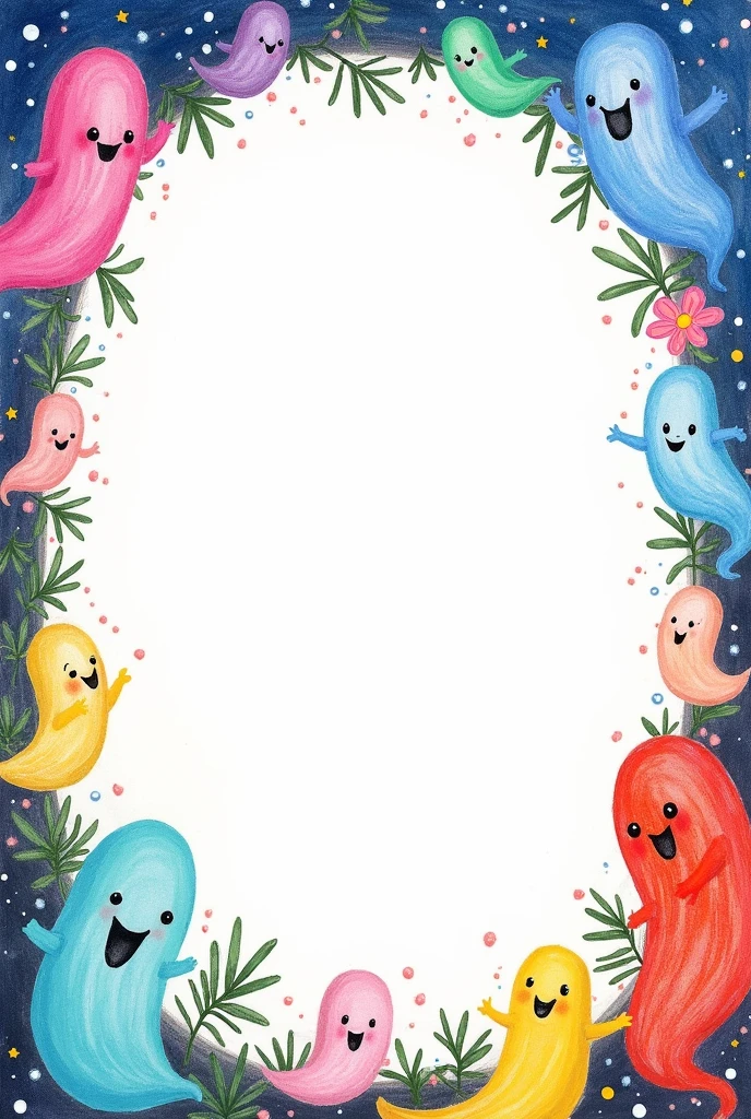 book spread, free space for inserting text in the middle, children's drawings, painted ghosts on the edges of the picture outside the book page