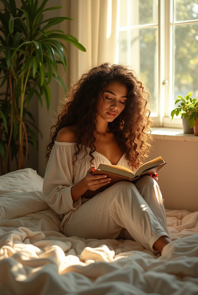 (photorealism:1.2), beautiful woman, sitting on bed, , pajama pants, long curly hair, indoors, soft lighting, plants in background, window with sunlight, cozy room, relaxed pose, realistic, intricate details, warm colors, by Greg Rutkowski, by Alphonse Mucha.reading book