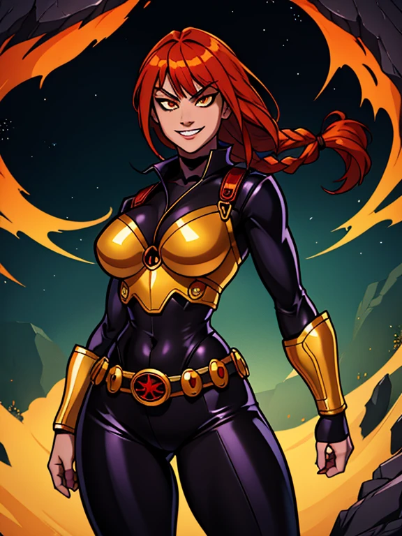 makima \(chainsaw man\), best quality, ultra detailed, 1girl, solo, standing, red hair, long braided hair, golden eyes, bangs, round breasts, wide hips, black leather suit, metallic utility belt, stare, (Evil grin:1.2), looking at viewer, color connection, colorized, vibrant color scheme, colorful, spot color, cinematography, hyperdetailed, beautiful face, 4k, HD, artstation trending on artstation,
