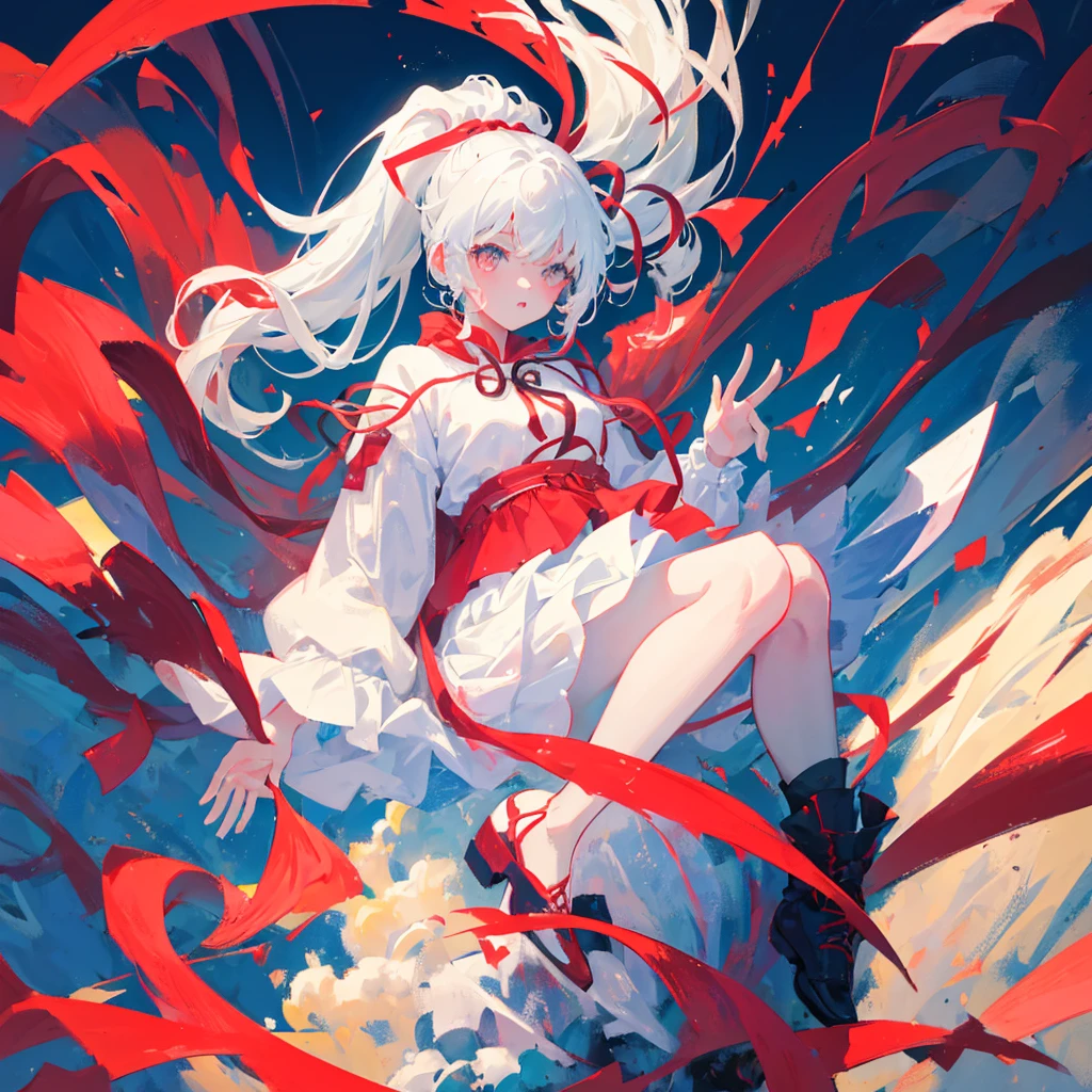 A girl with a high white ponytail、A girl in a red sweatshirt,Colorful ribbons are floating around her.,painter,Art,gorgeous,The colors are so rich,High saturation,High contrast